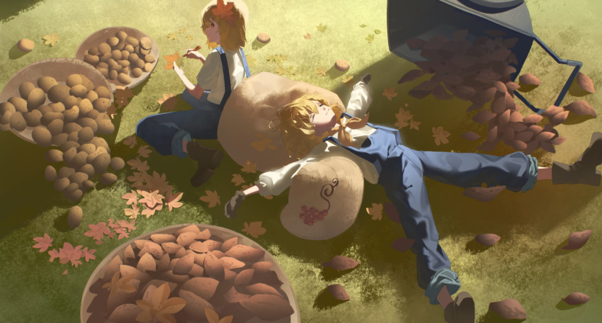 2girls absurdres aki_minoriko aki_shizuha autumn_leaves blonde_hair blue_pants brown_gloves chinese_commentary commentary_request food gloves highres kinoko_(kino2435006) leaf lying multiple_girls on_grass outdoors pants potato shirt short_hair smile sweet_potato touhou white_shirt