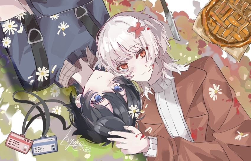 2boys akinashi_haru apple_pie backpack bag blood blood_on_clothes blood_on_face blue_shirt brown_coat bug butterfly butterfly_on_head casual circle_formation coat flower flower_on_head food hand_on_another's_head highres id_card insect knife lanyard looking_at_viewer lying male_focus mian829201 multiple_boys on_back pie saihate_eki shirt smile tatsunami_shion