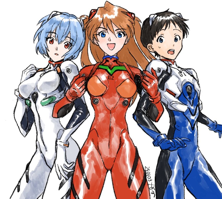 1boy 2girls :o arano_nknk ayanami_rei blue_bodysuit blue_hair bodysuit breasts dated highres holding_another&#039;s_arm ikari_shinji mecha_pilot_suit medium_breasts multiple_girls neon_genesis_evangelion plugsuit_(evangelion) red_eyes simple_background smile souryuu_asuka_langley standing sweat white_background white_bodysuit