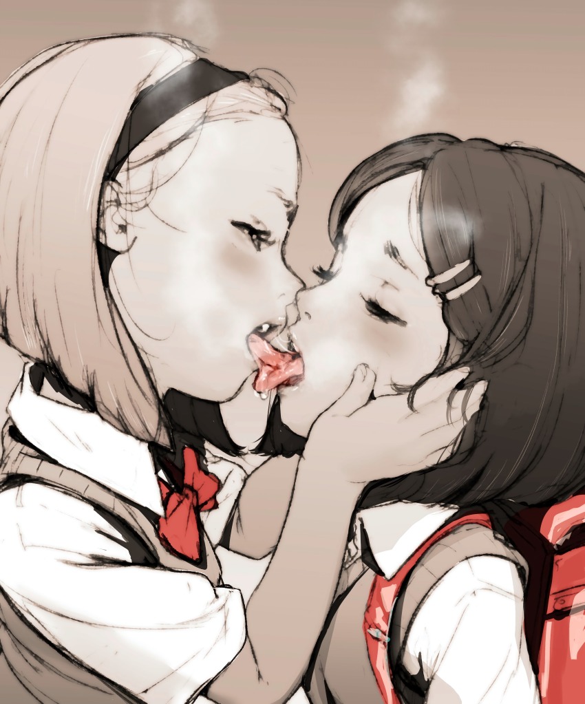 2girls absurdres backpack bag blonde_hair blush brown_hair closed_eyes diathorn eyebrows female_focus french_kiss hair_ornament hairband hairclip half-closed_eyes hand_on_another's_cheek hand_on_another's_face highres kiss loli monochrome multiple_girls original realistic resized saliva saliva_trail school_bag school_uniform short_hair simple_background teeth tongue tongue_out upper_body upper_teeth_only upscaled yuri