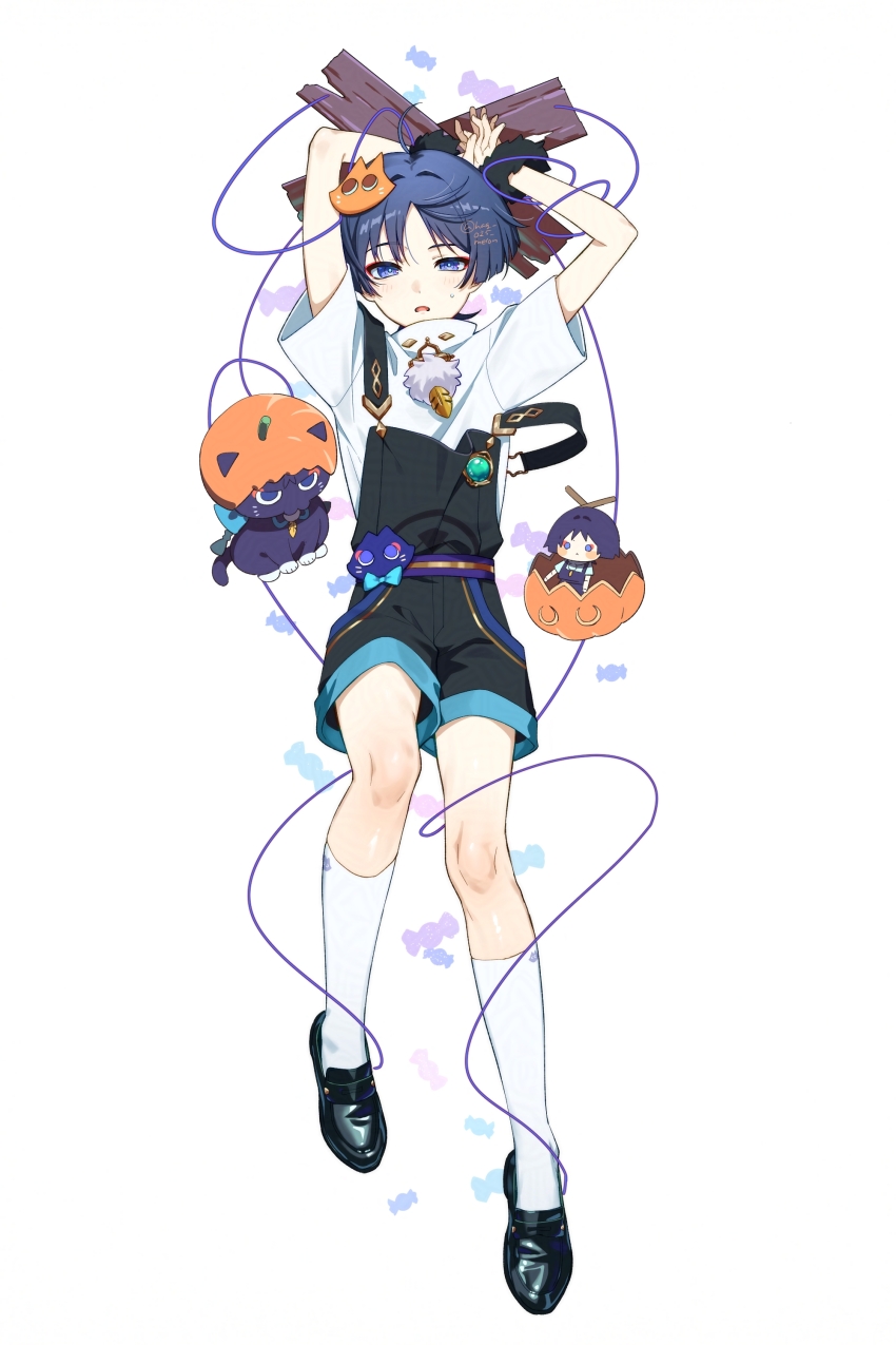1boy absurdres animalization arms_behind_head belt black_hair black_overalls black_shoes blunt_ends bright_pupils candy casual cat character_doll choppy_bangs contemporary doll eyeliner eyeshadow feathers fingernails food from_above full_body fur_wrist_cuffs gem genshin_impact gold gold_trim green_gemstone hag_(hag_015) halloween halloween_costume highres kneehighs light_blush looking_at_viewer lying makeup male_focus marionette marionette_controller official_alternate_costume on_back open_mouth overalls parted_bangs person_and_animalization pom_pom_(clothes) pumpkin_hat puppet puppet_strings purple_belt purple_cat purple_eyes red_eyeliner red_eyeshadow scaramouche_(cat)_(genshin_impact) scaramouche_(genshin_impact) shirt shoes short_sleeves socks solo strap_slip sweatdrop tsurime twitter_username vision_(genshin_impact) wanderer_(genshin_impact) white_background white_pupils white_shirt white_sleeves white_socks wrist_cuffs yellow_feathers