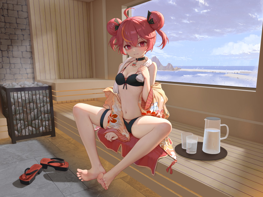 1girl absurdres bare_arms bare_legs bare_shoulders barefoot bikini black_bikini breasts cleavage clenched_teeth commentary_request double_bun feet glasses hair_bun highres himitsu_(hi_mi_tsu_2) kaguyano looking_at_viewer navel red_eyes red_hair sandals sauna shaded_face short_hair soles swimsuit teeth towel water