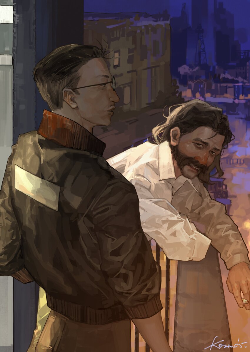 2boys absurdres aegyo_sal against_railing beard black_eyes black_hair black_jacket blush bomber_jacket cigarette collared_shirt commentary cowboy_shot disco_elysium elbow_rest english_commentary facial_hair glasses hand_in_pocket harry_du_bois highres holding holding_cigarette jacket kim_kitsuragi kozmoraven1610 looking_at_another male_focus multiple_boys night nose_blush outdoors railing shirt short_hair textless_version white_shirt