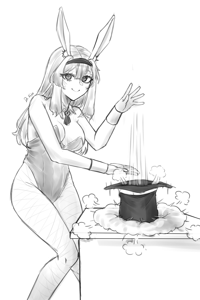 1girl absurdres anger_vein animal_ears arknights artist_name bare_shoulders breasts cardigan cleavage closed_mouth commentary detached_collar dr.kim english_commentary fake_animal_ears fishnets greyscale hair_ornament hairband hat highres long_hair monochrome playboy_bunny priestess_(arknights) rabbit_ears simple_background table top_hat