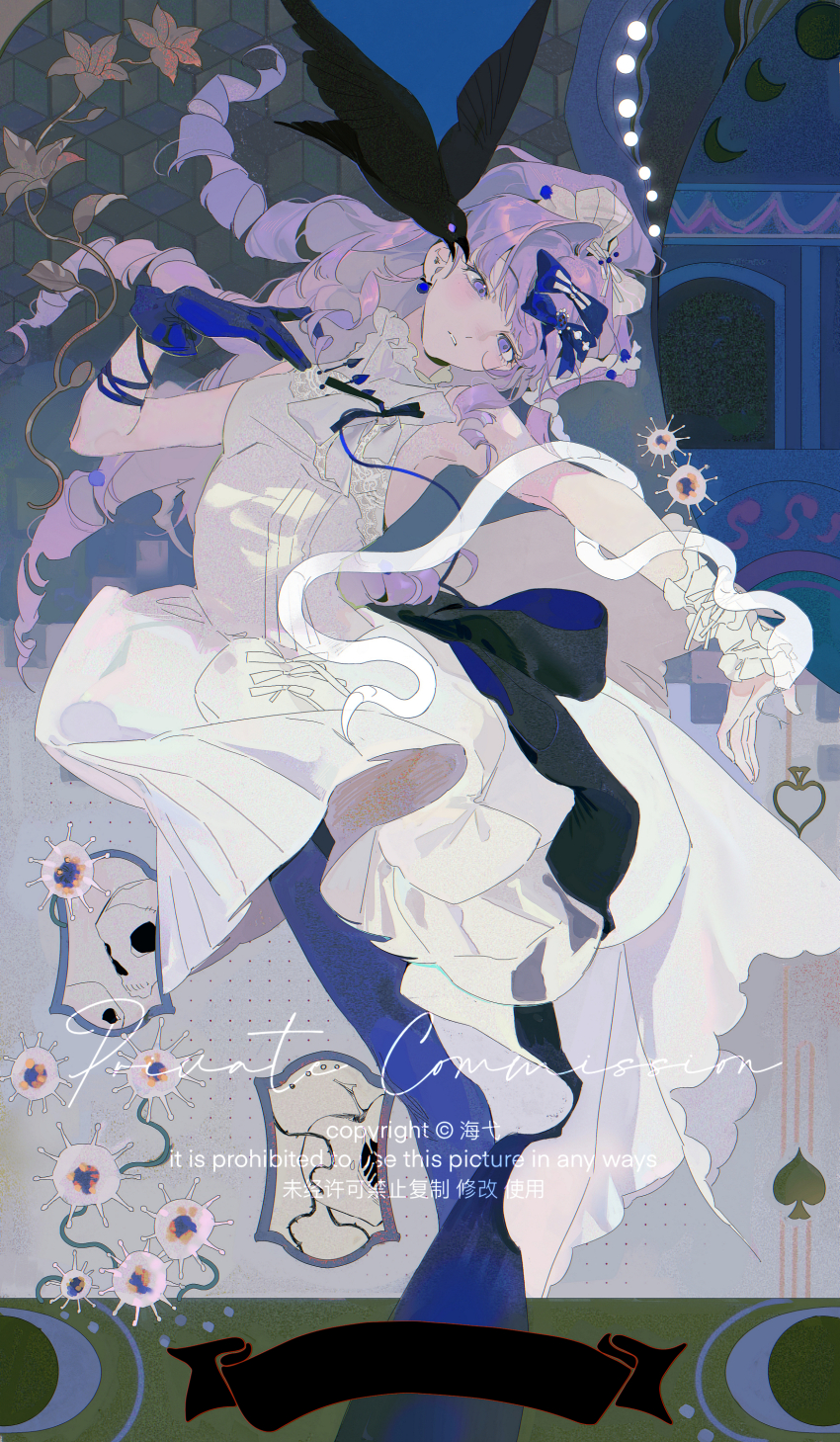 1girl absurdres animal bird black_bird blue_bow blue_gloves blunt_bangs bow commission dress eyelashes flower gloves hai_yexing_ren hair_bow hair_ornament highres long_hair looking_at_viewer makeup mihuashi_commission moon original parted_lips purple_eyes purple_hair ringlets rouge_(makeup) single_glove single_hair_intake single_wrist_cuff snake solo watermark white_bow white_dress wrist_cuffs