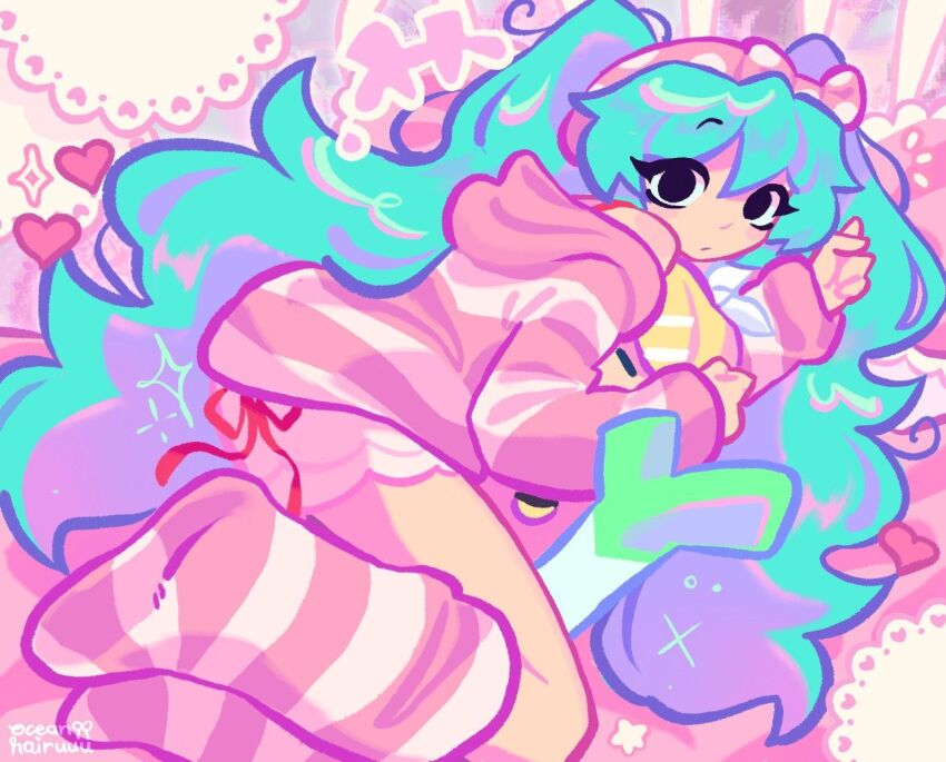 aqua_eyes aqua_hair commentary english_commentary hatsune_miku long_hair lying ocean_hairuuu pajamas pink_pajamas short_shorts shorts socks spring_onion striped_clothes striped_socks twintails very_long_hair vocaloid