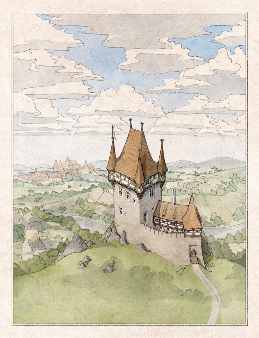 blue_sky border castle clippymagic cloud commentary day english_commentary european_architecture grass highres medieval no_humans original outdoors outside_border scenery sky white_border