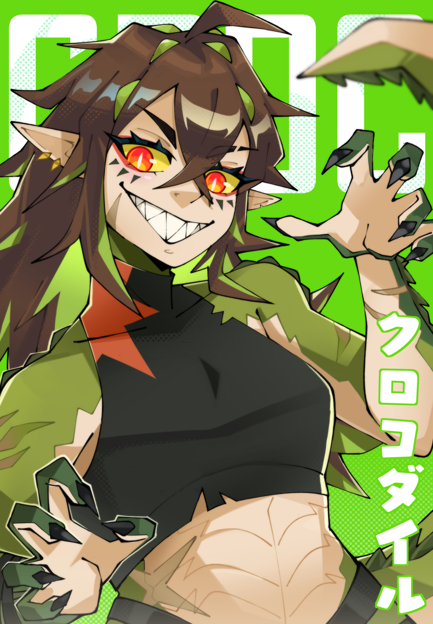 1girl absurdres bare_shoulders black_shirt breasts brown_hair claw_pose colored_sclera commentary crocodile_girl crocodilian_tail cropped_shirt crossed_bangs earrings english_commentary fayfennec green_background green_streaks highres indie_virtual_youtuber jewelry kairyu_crocodile long_hair looking_at_viewer medium_breasts midriff monster_girl multicolored_hair pointy_ears red_eyes scar sharp_teeth shirt sleeveless sleeveless_shirt slit_pupils smile solo streaked_hair tail teeth translation_request upper_body virtual_youtuber yellow_sclera