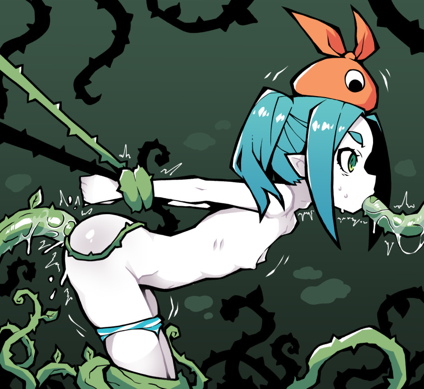 1girl akableak green_eyes highres loli monogatari_(series) nipples ononoki_yotsugi oral panties panty_pull restrained solo striped_clothes striped_panties tentacle_sex tentacles twintails underwear