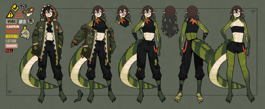 1girl absurdres barefoot black_pants black_shirt black_shorts black_tube_top brown_hair closed_mouth clothing_cutout commentary crocodile_girl crocodilian_tail english_commentary flat_chest green_jacket green_scales green_streaks hand_on_own_hip highres hood hooded_jacket indie_virtual_youtuber jacket kairyu_crocodile long_hair looking_at_viewer milkytiddyboy official_art pants red_eyes reference_sheet shirt shorts sleeveless sleeveless_shirt smile solo strapless tail tail_through_clothes tube_top virtual_youtuber