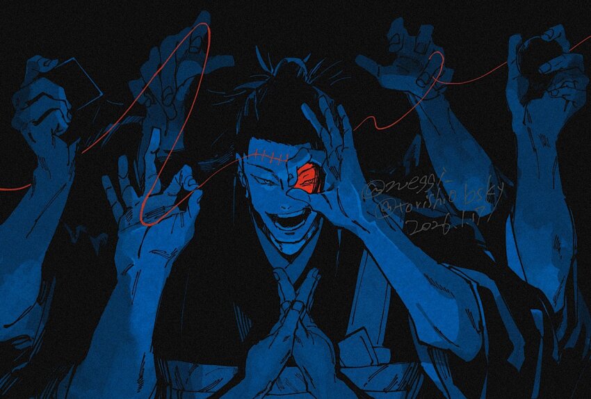 1boy ball blue_theme extra_hands getou_suguru getou_suguru_(kenjaku) hair_bun hair_slicked_back hand_up holding holding_ball holding_cube japanese_clothes jujutsu_kaisen kimono kogashi_negi long_hair looking_at_viewer male_focus ok_sign open_mouth smile solo spot_color stitches string string_of_fate teeth upper_body wide_sleeves