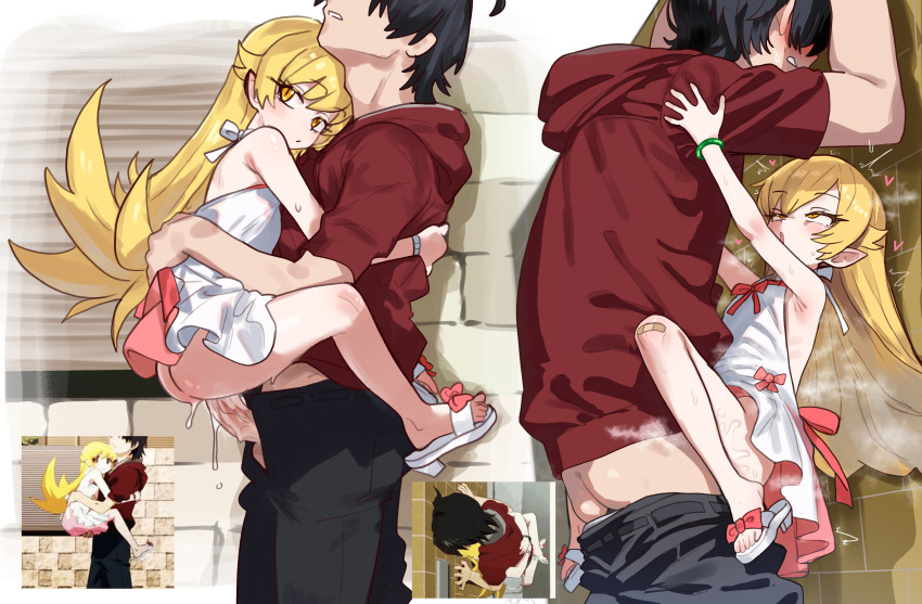 1boy 1girl absurdres against_wall age_difference anime_screenshot_inset araragi_koyomi armpits bakemonogatari black_hair black_pants blonde_hair clothed_sex dress ebora flat_chest hetero highres hood hoodie huge_filesize loli long_hair monogatari_(series) multiple_views open_mouth oshino_shinobu pants penis perversion_of_canon pointy_ears red_hoodie red_ribbon reference_inset ribbon sandals scene_reference screenshot_inset sex short_dress sleeveless sleeveless_dress sundress vampire white_dress yellow_eyes