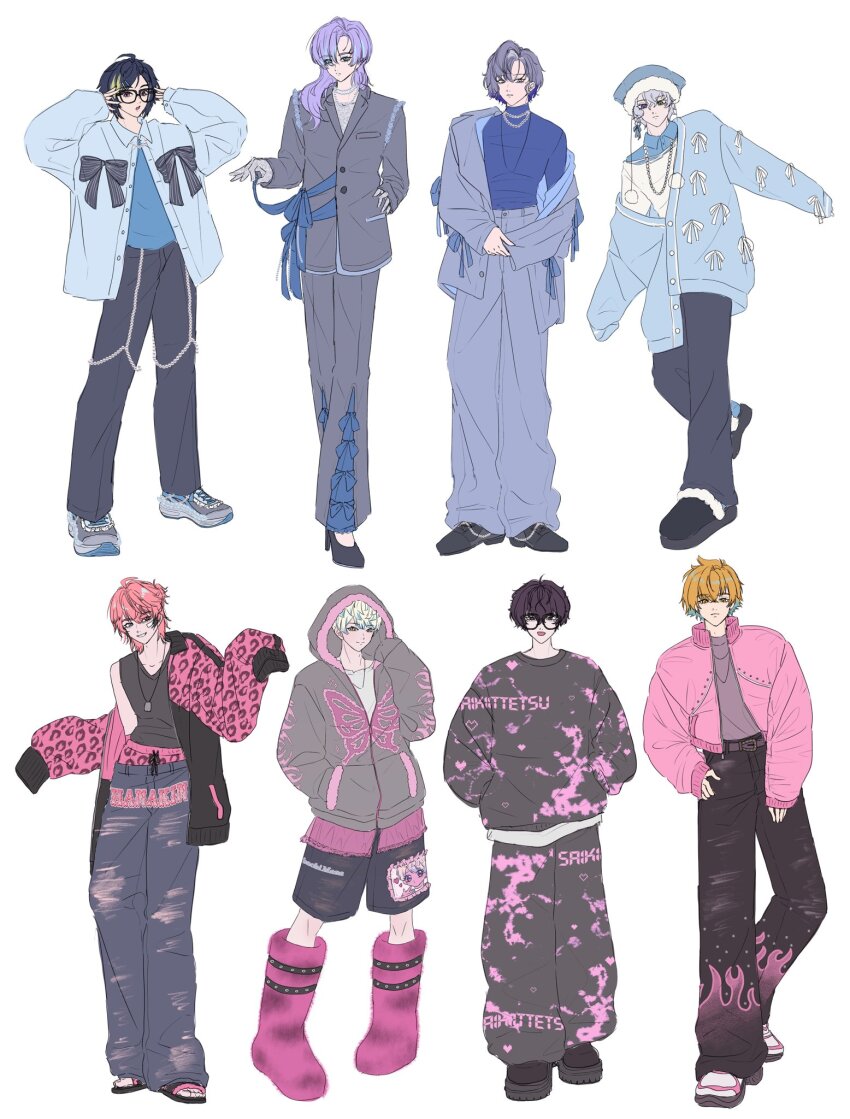 6+boys akagi_wen alternate_costume alternate_hairstyle animal_print arms_up bandage_on_face bandages beanie black_hair blonde_hair blue_cardigan blue_jacket blue_shirt boots bow butterfly_print cardigan commentary dytica_(nijisanji) flame_print full_body glasses grey_bow grey_hair grey_jacket grey_pants hair_between_eyes hair_ornament hairclip hand_in_pocket hat hibachi_mana highres hood hood_up hooded_jacket hoshirube_sho inami_rai jacket jewelry kashira_waka3 knee_boots koyanagi_rou leopard_print long_hair long_sleeves male_focus multicolored_hair multiple_boys murakumo_kagetsu necklace nijisanji open_clothes open_jacket orange_hair oriens_(nijisanji) pants parted_bangs pink_boots pink_hair pink_jacket pom_pom_(clothes) pom_pom_beanie print_jacket print_shirt purple_hair saiki_ittetsu shirt short_hair shorts simple_background sleeves_past_fingers sleeves_past_wrists streaked_hair torn_clothes torn_pants two-tone_pants two-tone_shirt usami_rito virtual_youtuber white_background white_hair