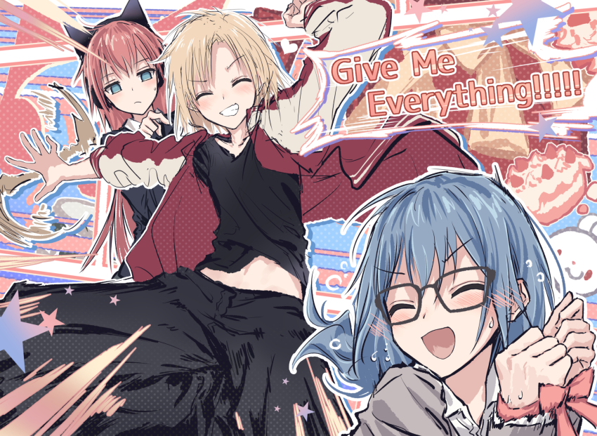 3girls ^_^ animal_ear_headphones animal_ears arms_up asahi_rokka bang_dream! bang_dream!_girls_band_party! black-framed_eyewear black_jacket black_pants black_shirt blonde_hair blue_eyes blue_hair blush bound bound_wrists cake cat_ear_headphones cat_ears closed_eyes collared_shirt commentary drumsticks english_text fake_animal_ears food glasses grin headphones highres holding holding_drumsticks jacket letterman_jacket long_hair long_sleeves midriff_peek multiple_girls nervous_sweating open_clothes open_jacket pants pink_hair red_jacket sato_masuki shirt short_hair smile spinning sweat tamade_chiyu tied_up_(nonsexual) v-shaped_eyebrows white_shirt yukitake_(bullfalk)