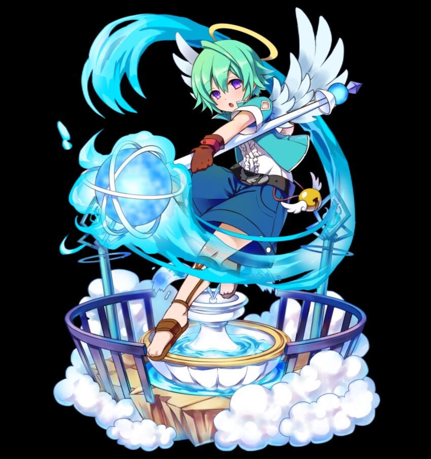 1boy :o angel angel_wings aqua_hair aqua_jacket belt black_background black_belt blue_fire blue_shorts bob_cut brown_sandals cloud feathered_wings fence fire flaming_weapon fountain full_body halo highres holding holding_staff jacket merc_storia merc_storia_art_team official_art purple_eyes sandals shirt short_sleeves shorts shutlem_(merc_storia) simple_background solo staff standing tachi-e water weapon white_shirt white_wings wings