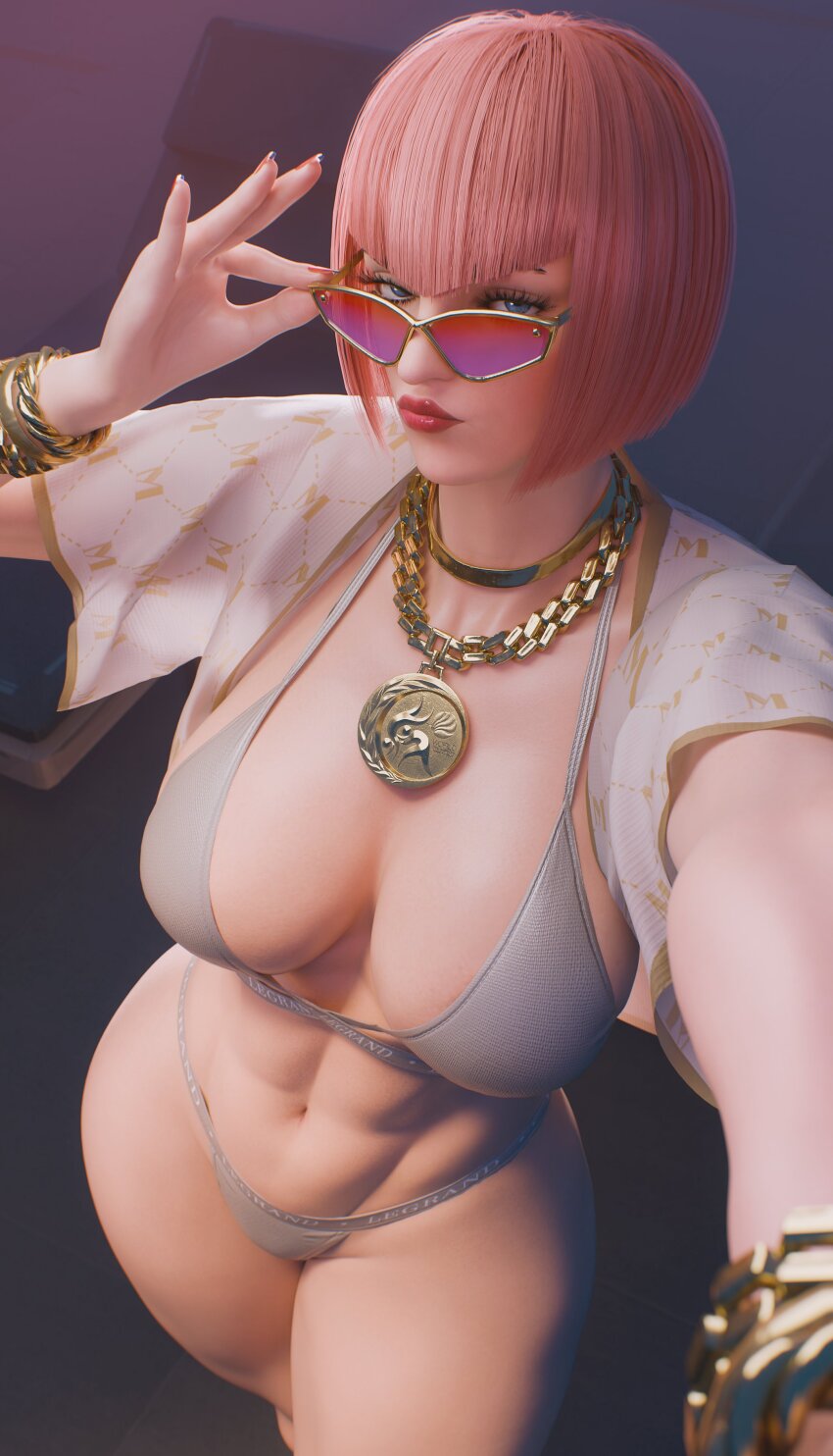1girl 3d abs absurdres bikini blue_eyes breasts fugtrup highres jewelry large_breasts manon_legrand official_alternate_costume pink_hair short_hair solo street_fighter street_fighter_6 sunglasses swimsuit toned toned_female