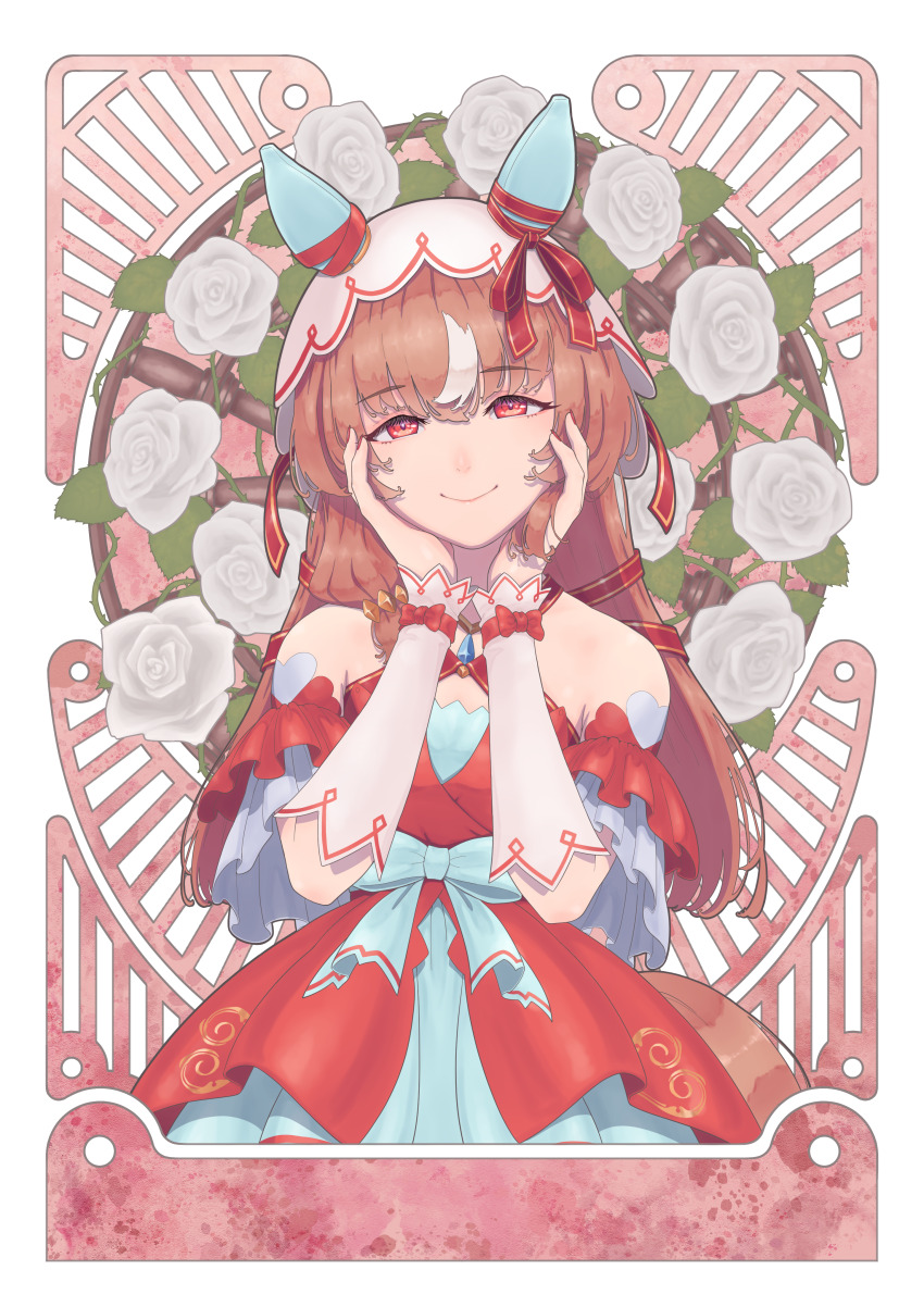 1girl absurdres animal_ears bow brown_hair closed_mouth commentary_request detached_sleeves ear_covers ear_ribbon flower highres horse_ears horse_girl long_hair moga_(vdvk3434) official_alternate_costume red_eyes rose smile solo still_in_love_(scarlet_vow_raiment)_(umamusume) still_in_love_(umamusume) string umamusume upper_body veil white_flower white_rose white_streaks white_veil