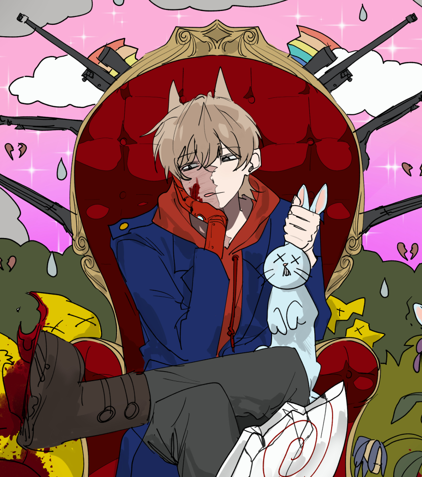 1boy animal animification bad_id bad_twitter_id blood blood_on_face blue_coat boots brown_boots brown_hair burn_scar cloud coat commentary crossed_legs drawstring eddsworld english_commentary flipped_hair grey_pants gun hair_behind_ear hair_ears hand_on_own_face highres holding holding_animal holding_rabbit hood hood_down hoodie kupot long_sleeves male_focus mechanical_arms open_clothes open_coat pants rabbit rainbow red_hoodie red_leader_(eddsworld) scar short_hair single_mechanical_arm sitting sketch sparkle target throne tongue tongue_out tord_(eddsworld) weapon white_eyes wilted_flower
