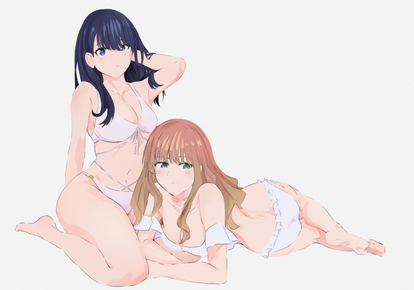 2girls a_(c3einycggcevevf) absurdres armpits ass bikini black_hair blush breasts brown_hair closed_mouth commentary gridman_universe highres large_breasts midriff minami_yume multiple_girls navel simple_background sitting ssss.dynazenon ssss.gridman swimsuit takarada_rikka twisted_torso wariza white_background white_bikini