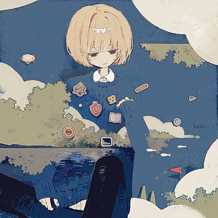 1girl artist_name blending blonde_hair blue_sweater collared_shirt highres ka_(996beshi) long_sleeves original outdoors shirt short_hair signature sky solo sweater water