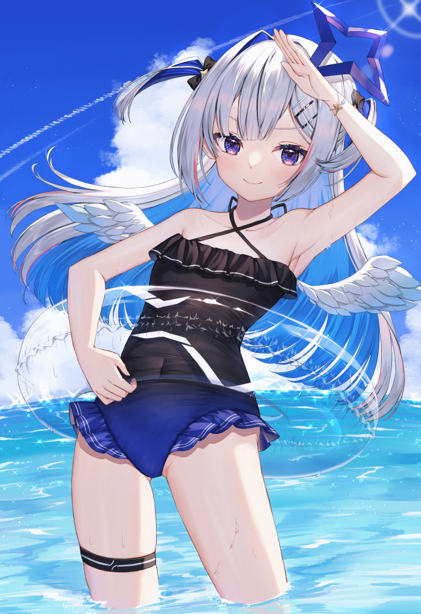 absurdres amane_kanata aqua_wings arm_up armpits bare_shoulders black_bow black_one-piece_swimsuit blue_sky blush bow bracelet breasts closed_mouth cloud collarbone commentary_request covered_navel grey_hair hair_between_eyes highres hololive jewelry long_hair looking_at_viewer multicolored_hair ocean one-piece_swimsuit pink_hair purple_eyes runlan_0329 single_hair_intake sky small_breasts smile streaked_hair swimsuit thigh_strap thighs tilted_halo very_long_hair virtual_youtuber wet white_wings wings