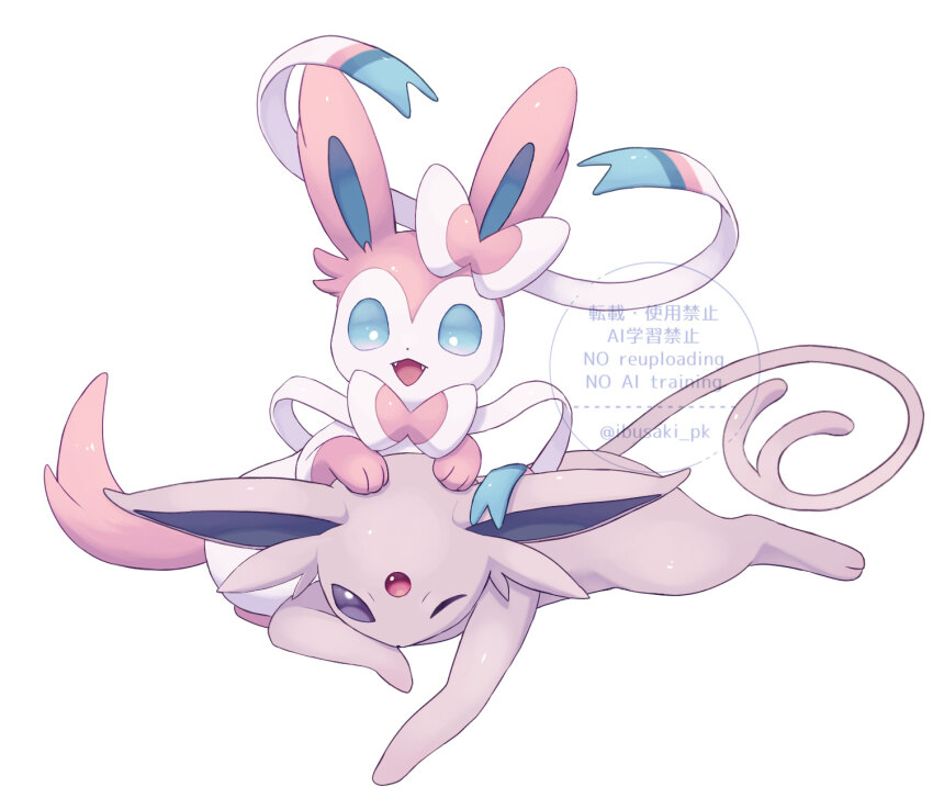 animal_focus blue_eyes commentary_request espeon fangs gen_2_pokemon gen_6_pokemon highres ibusaki_(ivu) lying nintendo no_humans one_eye_closed open_mouth pokemon pokemon_(creature) pokemon_focus purple_eyes simple_background sylveon twitter_username white_background