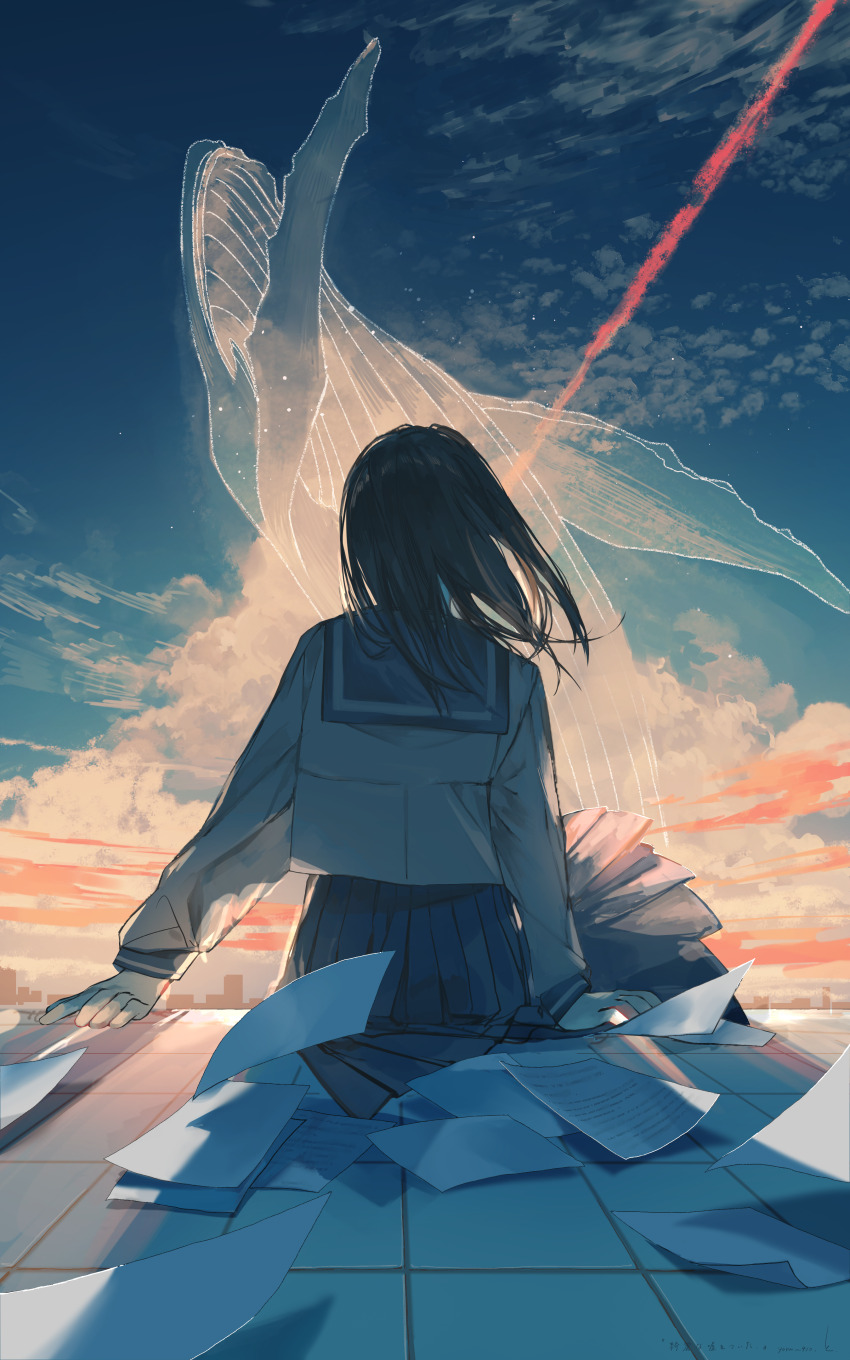 1girl absurdres back blue_sky cloud cloudy_sky commentary_request contrail dusk facing_away highres medium_hair original papers sailor sailor_collar sailor_shirt school_uniform shirt sitting sky skyline solo standing whale yoru_410