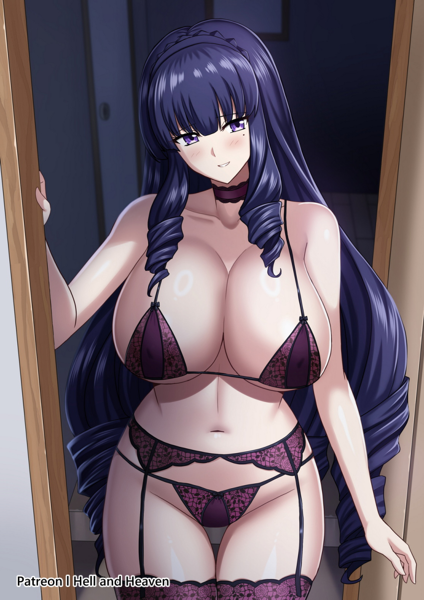 1girl bare_shoulders bikini black_hair blush bra breasts commentary cowboy_shot english_commentary garter_belt hellandheaven highres lace lace_bra lace_panties large_breasts mahouka_koukou_no_rettousei mole mole_under_eye open_door panties parted_lips purple_bikini purple_eyes purple_panties smile solo swimsuit underwear yotsuba_maya