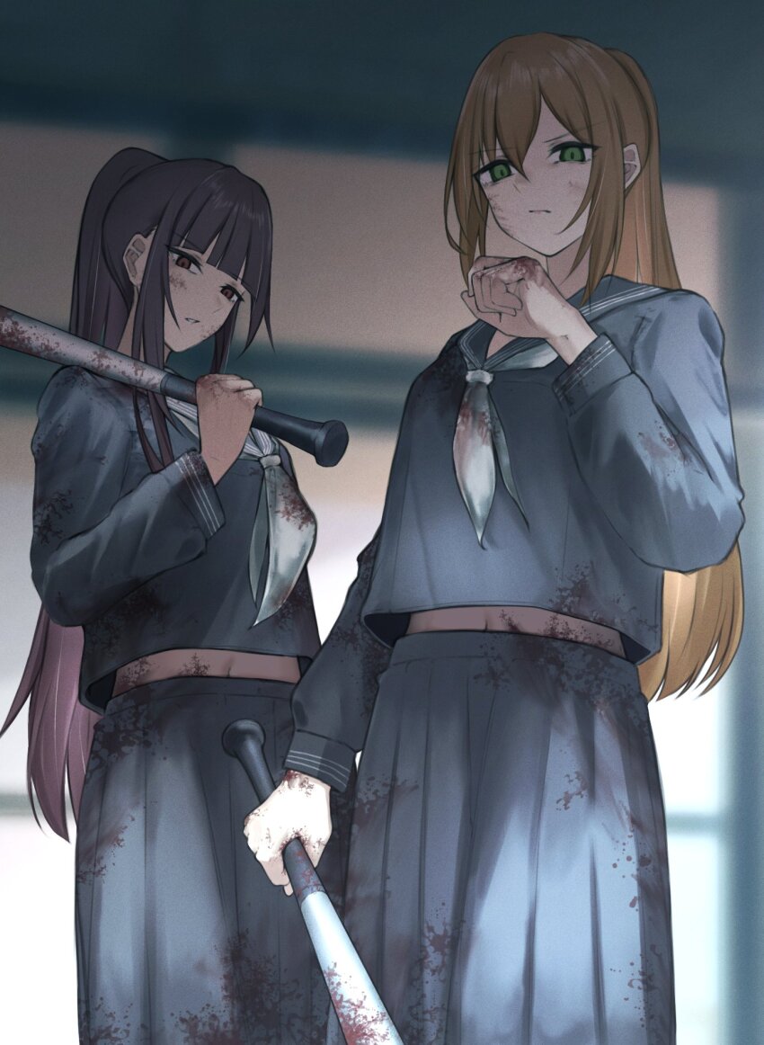2girls alternate_costume aluminum_bat baseball_bat black_sailor_collar black_serafuku black_shirt black_skirt blood blood_on_clothes blood_on_face blood_on_hands blurry blurry_background brown_hair closed_mouth commentary_request delinquent girls'_frontline green_eyes highres holding holding_baseball_bat long_hair long_skirt looking_at_viewer multiple_girls neckerchief parted_lips ponytail purple_hair red_eyes sailor_collar school_uniform serafuku shirt shsuta_0013 skirt springfield_(girls'_frontline) sukeban wa2000_(girls'_frontline) white_neckerchief