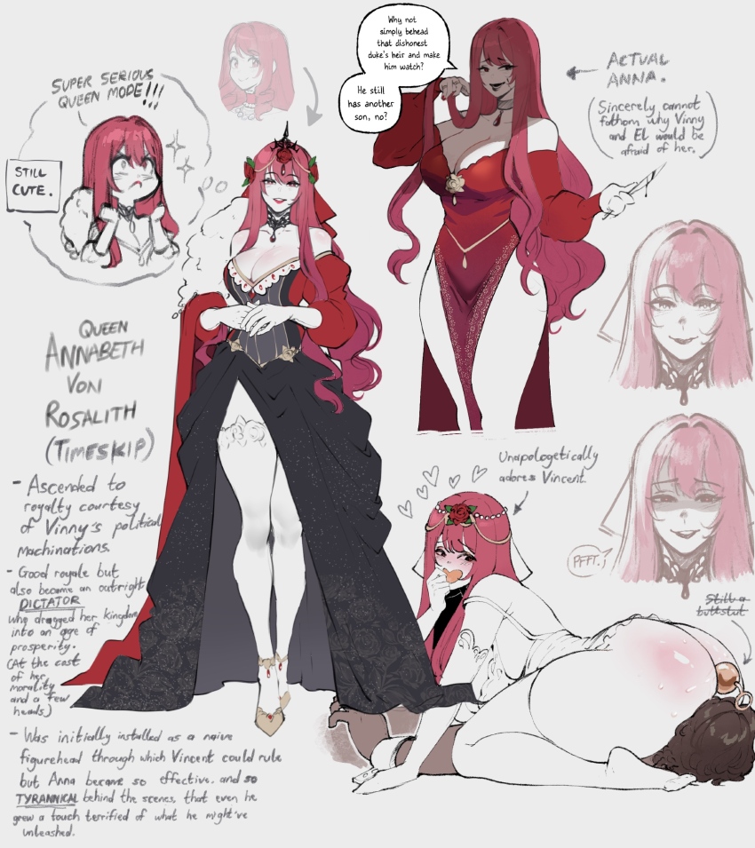 1boy 1girl aged_up alternate_costume alternate_hairstyle anal_beads annabeth_von_rosalith_(nyantcha) ass bare_shoulders breasts bright_pupils cleavage dark-skinned_male dark_skin dress english_text formal_clothes full_body hair_intakes hetero highres huge_ass interracial large_breasts lipstick long_hair makeup nyantcha original red_eyes red_hair sex_toy sitting sitting_on_face sitting_on_person thick_thighs thighs white_pupils