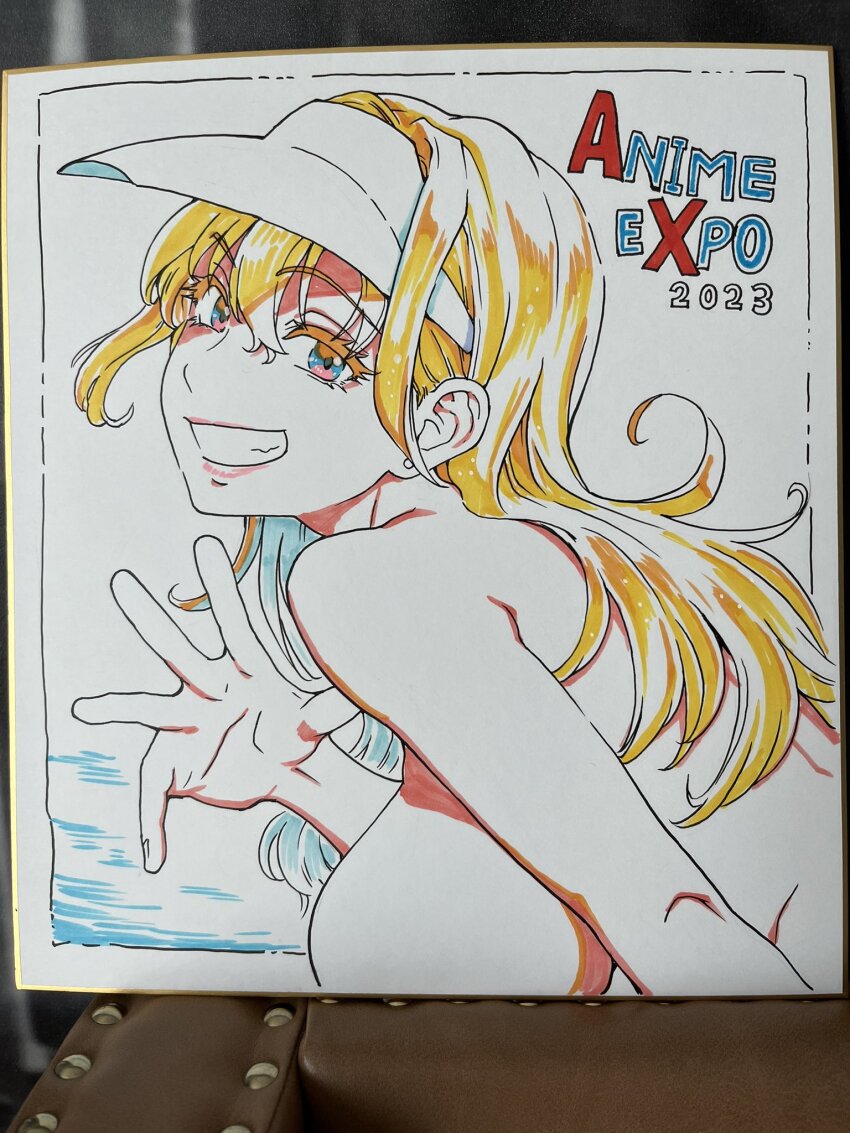 1girl 2023 anime_expo black_hair blue_eyes breasts colored_inner_hair colorized earrings eyebrows_visible_through highres jewelry large_breasts long_hair looking_at_viewer multicolored_hair salute shikishi shiwasu_no_okina sideboob signed simple_background smile sun_visor suomi-sensei tagme upper_body