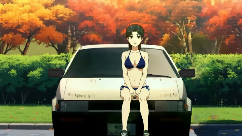 1girl ae86 akiyama_kazumi alternate_costume belly bikini blue_bikini blue_bra blue_panties blunt_bangs bob_cut bra breasts brown_eyes brown_hair car crop_top initial_d makeup medium_breasts midriff motor_vehicle official_art panties race_queen race_vehicle racecar shin_gekijouban_initial_d shoes short_hair skirt sneakers swimsuit thighs toyota toyota_corolla underwear