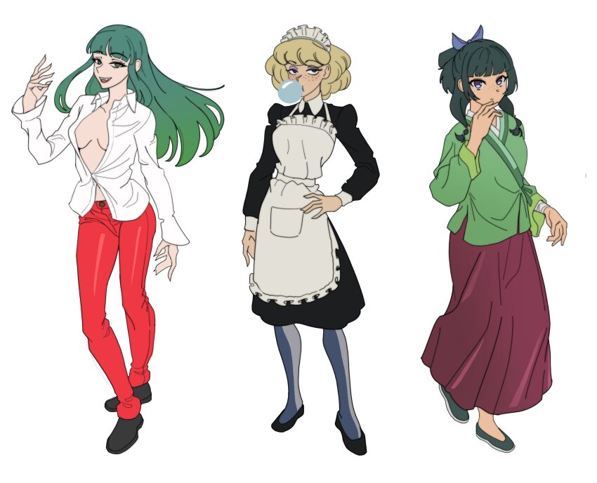 3girls apron black_shoes blonde_hair bow breasts chewing_gum chinese_clothes closed_mouth darkstalkers full_body gaze_reh green_hair hair_bow hair_tie hand_on_own_hip hashtag-only_commentary highres irene_sanders kusuriya_no_hitorigoto long_hair long_sleeves makeup maomao_(kusuriya_no_hitorigoto) morrigan_aensland multiple_girls open_mouth pants red_pants shirt shoes short_hair simple_background standing suna_no_bara teeth unbuttoned unbuttoned_shirt upper_teeth_only white_apron white_background white_shirt