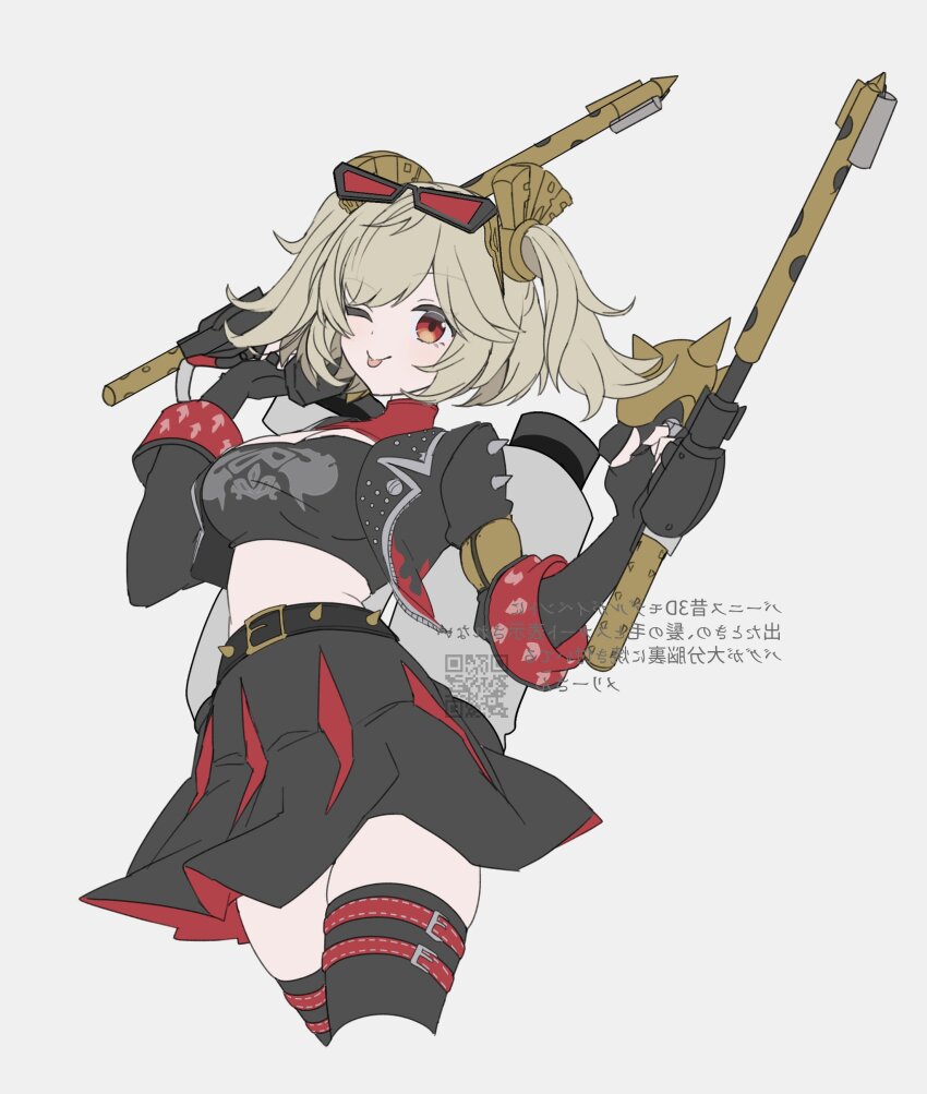 1girl absurdres black_jacket black_skirt black_thighhighs black_tube_top blonde_hair breasts burnice_white cleavage commentary cropped_legs eyewear_on_head flamethrower grey_background highres holding holding_flamethrower holding_weapon jacket large_breasts looking_at_viewer merry-san midriff one_eye_closed propane_tank qr_code red-tinted_eyewear red_eyes short_twintails simple_background skirt solo spiked_belt spiked_jacket strapless sunglasses thighhighs tinted_eyewear tongue tongue_out translation_request tube_top twintails weapon zenless_zone_zero