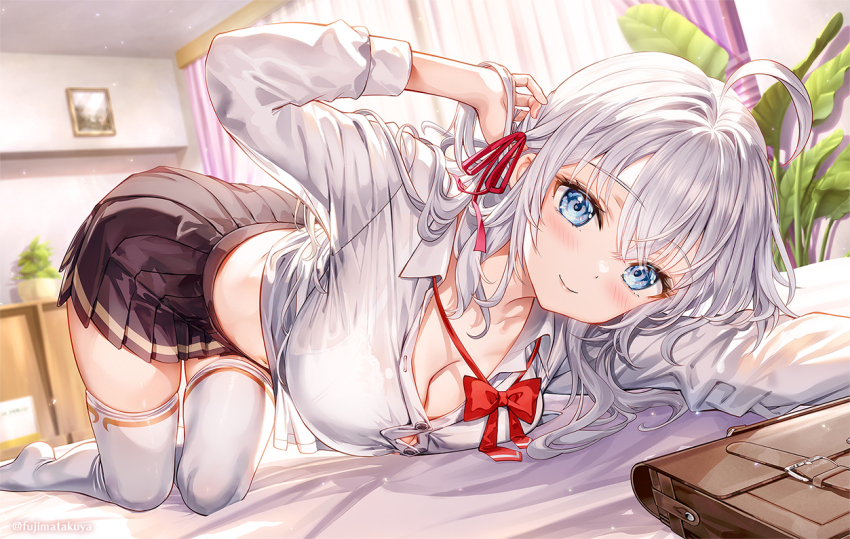 1girl ahoge alisa_mikhailovna_kujou bag black_skirt blue_eyes bow bowtie breasts button_gap buttons cleavage closed_mouth collared_shirt commentary_request crop_top dress_shirt fujima_takuya hair_ribbon hand_up indoors large_breasts long_hair long_sleeves looking_at_viewer midriff miniskirt no_shoes on_bed pleated_skirt ribbon school_bag shirt skirt smile solo thighhighs tokidoki_bosotto_roshia-go_de_dereru_tonari_no_alya-san top-down_bottom-up white_hair white_shirt white_thighhighs zettai_ryouiki