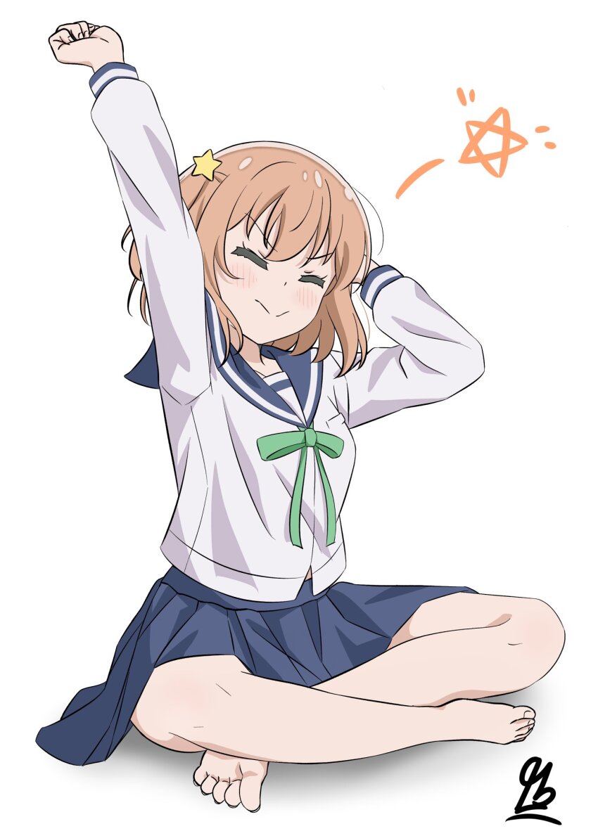1girl arm_above_head artist_name barefoot blue_sailor_collar blue_skirt blush closed_eyes closed_mouth collarbone dot_nose feet female_focus full_body green_ribbon hair_ornament koisuru_asteroid konohata_mira long_sleeves no_shoes no_socks orange_hair qb_(qb46311027) ribbon sailor_collar school_uniform serafuku shirt short_hair simple_background sitting skirt solo star_(symbol) star_hair_ornament stretching white_background