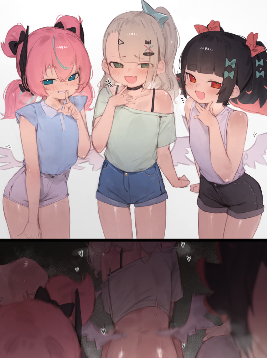 3girls :d aria_(zenless_zone_zero) black_hair black_shorts blue_eyes blue_hair blue_shirt blue_shorts fang green_eyes green_shirt grey_hair highres implied_sex loli looking_at_viewer mesugaki multicolored_hair multiple_girls nangong_yu off-shoulder_shirt off_shoulder open_mouth parted_lips pink_hair red_eyes shirt short_shorts short_sleeves shorts skin_fang sleeveless sleeveless_shirt smile streaked_hair sunna_(zenless_zone_zero) theflatfacadeds twintails white_shirt white_shorts white_wings wings zenless_zone_zero