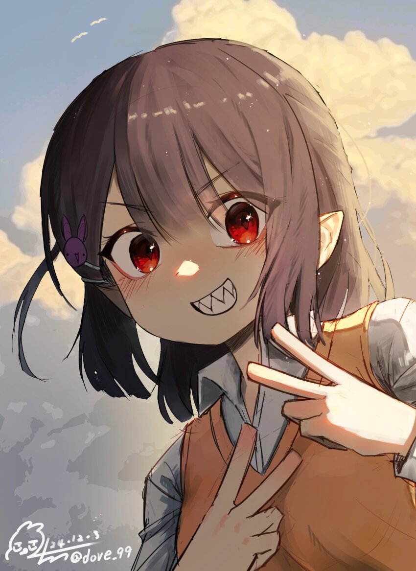 1girl 99dulgi absurdres blue_sky blush brown_hair character_request cloud collared_shirt commentary_request copyright_request dated double_v eyelashes highres korean_commentary medium_hair outdoors red_eyes sharp_teeth shirt signature simple_bird sky smile solo teeth upper_body v v-shaped_eyebrows white_shirt