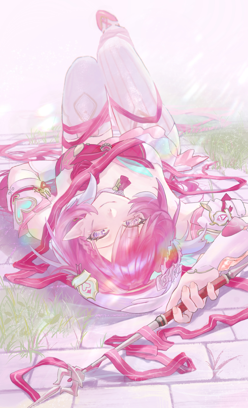 1girl absurdres arm_up braid braided_bangs breasts closed_mouth commentary_request dress duoyun_de_tiankong elysia_(hi_love_elf)_(honkai_impact) elysia_(honkai_impact) fingernails hair_ornament hat heart heart_hair_ornament highres holding holding_wand honkai_(series) honkai_impact_3rd legs_up long_hair looking_at_viewer lying medium_breasts on_back pink_hair purple_eyes smile solo thighhighs very_long_hair wand white_dress white_hat white_thighhighs