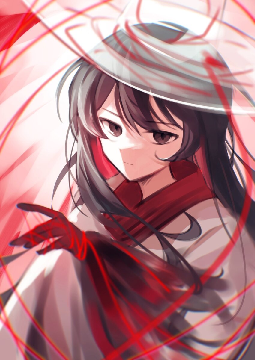 1boy black_eyes black_hair e.g.o_(project_moon) expressionless gat_(hat) great_trichiliocosm_(e.g.o) hair_between_eyes hashtag-only_commentary hat highres hiheoy limbus_company long_hair looking_at_viewer male_focus project_moon see-through_hat solo string string_of_fate yi_sang_(project_moon)