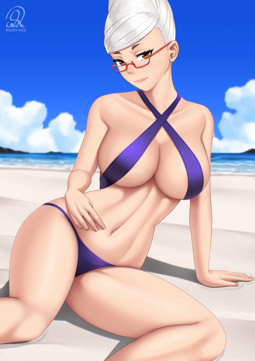 1girl arm_support ayase_seiko beach bikini blue_sky breasts cleavage closed_mouth cloud dandadan day glasses highres large_breasts leaning_to_the_side looking_at_viewer mature_female navel ocean outdoors purple_bikini red-framed_eyewear red_eyes rocky-ace sitting sky solo stomach swimsuit thighs white_hair