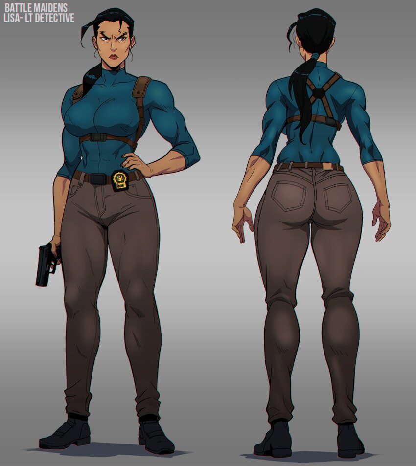 2026 abs ass backboob badge battle_maidens_(crisisbeat) belt black_hair black_shoes blue_shirt breasts brown_pants chest_harness commentary crisisbeat dark-skinned_female dark_skin english_commentary gradient_background grey_background gun hand_on_own_hip handgun harness highres holding holding_gun holding_weapon huge_ass lisa_(crisisbeat) long_hair long_sleeves low_ponytail multiple_views muscular muscular_female original pants parted_bangs pistol ponytail red_nails reference_sheet shadow shirt shoes simple_background strap thick_thighs thighs title titlelisa_(crisisbeat) toned toned_female weapon wide_hips