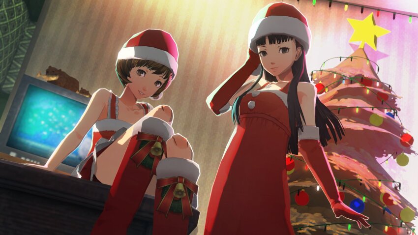 2girls 3d alternate_costume amagi_yukiko atlus black_hair brown_hair christmas dress hat multiple_girls persona persona_4 red_dress satonaka_chie uriziel
