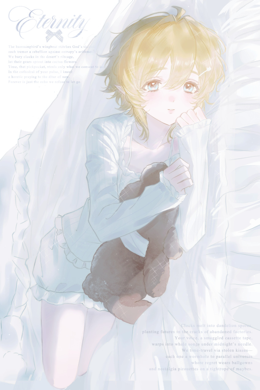 1boy absurdres ahoge alternate_costume androgynous aotu_world bed bed_sheet blonde_hair blue_eyes blush chinese_commentary closed_mouth collarbone commentary_request crossdressing crossdressing_(mtf) english_text frilled_shirt frilled_shorts frills hair_between_eyes hair_ornament hairclip highres holding holding_stuffed_toy king_(aotu_world) long_sleeves looking_at_viewer lying male_focus on_bed on_side pajamas parted_lips plutoray pointy_ears shirt short_hair shorts sideways simple_background smile solo sparkle stuffed_animal stuffed_toy teddy_bear trap watermark white_background white_shirt white_shorts