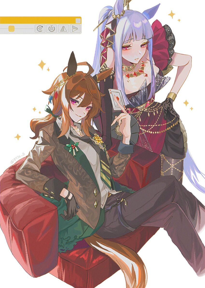 2girls 8736_b ace_(playing_card) ace_of_diamonds ahoge animal_ears asymmetrical_dress asymmetrical_gloves bare_shoulders black_dress black_gloves black_necktie black_pants black_pantyhose blush breasts brown_hair card collared_shirt commentary crossed_legs diamond_(shape) dress ear_covers ear_ornament elbow_gloves evening_gown gloves gold_ship_(la_mode_564)_(umamusume) gold_ship_(umamusume) grey_hair grey_shirt hair_between_eyes highres holding holding_card holly horse_ears horse_girl jacket jewelry large_breasts long_hair long_sleeves looking_at_viewer multiple_girls nakayama_festa_(festival_game)_(umamusume) nakayama_festa_(umamusume) necklace necktie official_alternate_costume official_alternate_hairstyle open_clothes open_jacket pants pantyhose parted_lips playing_card ponytail purple_eyes shirt single_ear_cover single_glove sitting smile symbol-only_commentary thigh_strap umamusume uneven_gloves