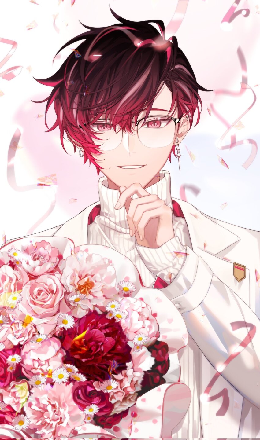 1boy arm_up bespectacled black_hair bouquet confetti earrings ewa_(yion_yu94148) flower glasses gradient_hair highres holding holding_bouquet jacket jewelry lapels layered_sleeves long_sleeves looking_at_viewer male_focus multicolored_hair nijisanji nijisanji_en notched_lapels parted_bangs parted_lips piercing pink_eyes purple_hair red_flower rimless_eyewear rose shirt smile solo suit_jacket teeth textless_version turtleneck two-sided_fabric two-sided_jacket upper_body ver_vermillion virtual_youtuber white_flower white_jacket white_shirt