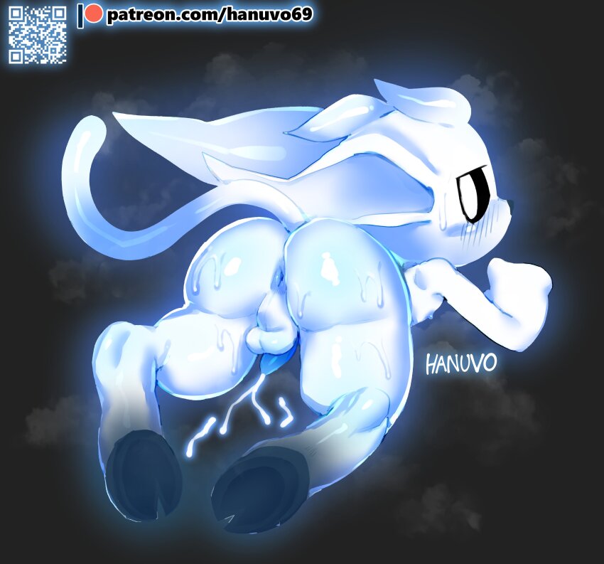 1boy absurdres animal_ears anus artist_name ass black_eyes blue_fur blush cum furry furry_male hanuvo highres looking_at_viewer looking_back male_focus nipples nude ori_(ori_and_the_blind_forest) ori_and_the_blind_forest patreon_username penis perineum qr_code shota solo sweat tail testicles