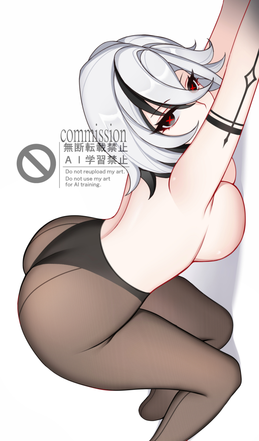 1girl arlecchino_(genshin_impact) ass black_pantyhose black_streaks breasts charlie_purrito commentary commission english_commentary from_side genshin_impact grey_eyes highres large_breasts looking_at_viewer looking_to_the_side medium_hair outstretched_arms pantyhose red_pupils solo symbol-shaped_pupils top-down_bottom-up topless_female white_hair x-shaped_pupils