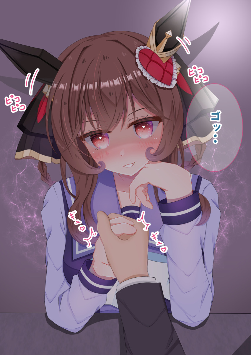 1boy 1girl animal_ears arm_wrestling black_jacket blush bow bowtie braid braided_hair_rings breasts brown_hair commentary_request ear_covers ear_ornament ear_wiggle elbow_on_table elbows_on_table gentildonna_(umamusume) hair_between_eyes hair_ornament hair_rings hand_on_table heart-shaped_ornament heart_ear_ornament highres horse_ears horse_girl jacket long_hair long_sleeves looking_at_viewer lpikamasi parted_lips purple_sailor_collar purple_shirt red_eyes sailor_collar sailor_shirt school_uniform shirt smile speech_bubble table tracen_school_uniform translation_request umamusume variant_set white_bow white_bowtie white_shirt