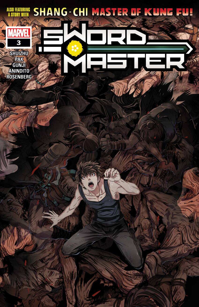 1boy absurdres artist_name black_boots black_pants black_tank_top boots brown_eyes brown_hair chen_xiaoyun_(gunji) comic_cover copyright_logo copyright_name corpse cover cover_page dougi english_text highres horns lin_lie_(marvel) logo male_focus marvel monster muscular muscular_male official_art open_mouth pants pile_of_corpses scared shade shadow short_hair sweat sword_master_(marvel) tank_top undead wide-eyed